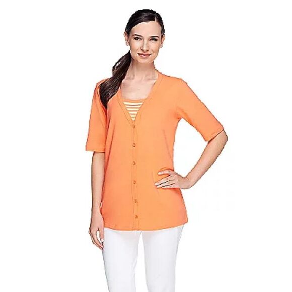 Denim & Co Womens 3X Button Front Knit Cardigan Light Rose Striped Duet‎ NWT - Picture 2 of 4